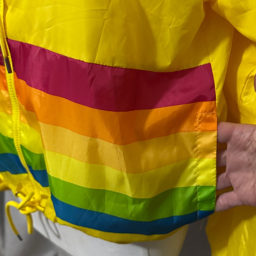Wmns-L-Polaroid Windbreaker-Yellow Multi Color Stripe-Pockets-Drawstring Waist - Picture 4 of 15